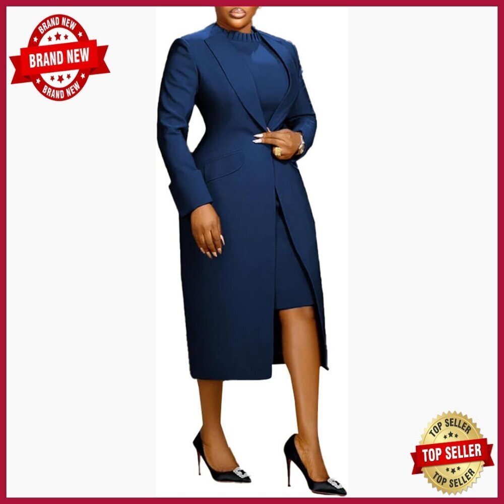 Women's 2-Piece Suit Set Long Blazer Back Slit Dress Work Business Outfit